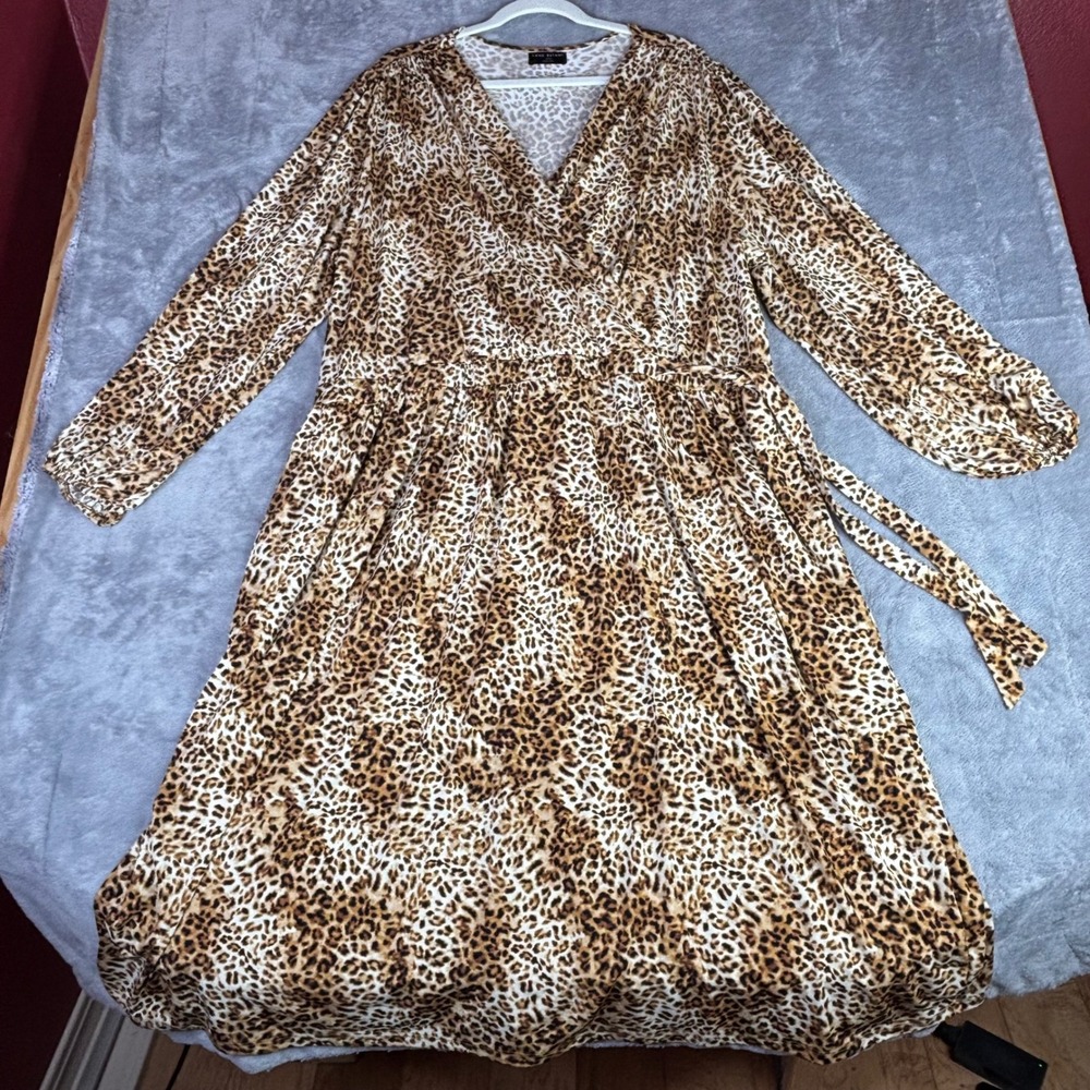 Lane Bryant Dress Women 26/28 Brown Leopard Print Long Sleeve Faux Wrap Midi